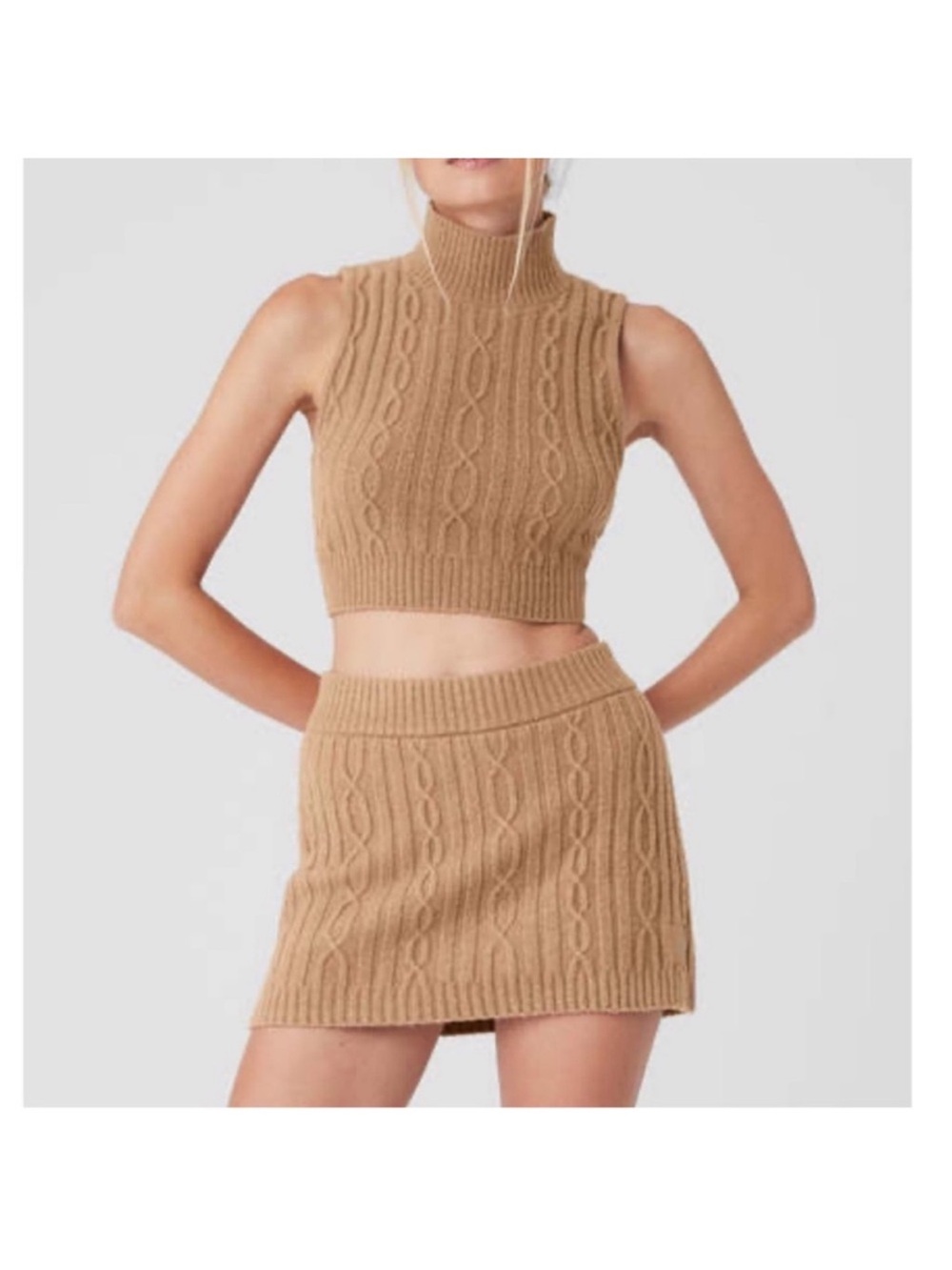 Alo Yoga Camel Cable Knit Camel Two-Piece Sleeveless Crop Top & Mini Skirt